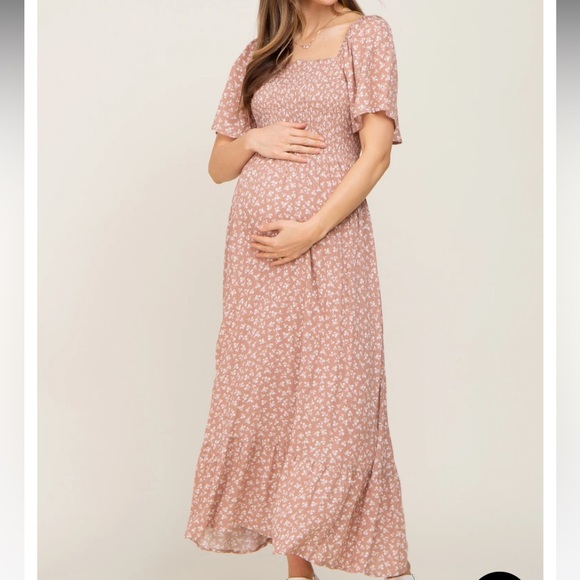 Taupe Floral Smocked Maternity Midi Dress - Picture 2 of 3